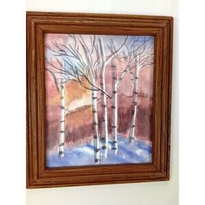 Modernist Mixed Media Watercolor Painting Birch Trees Signed Framed 13X15